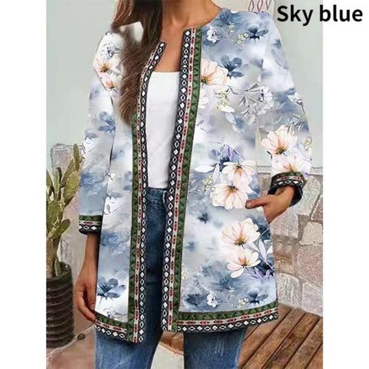 Vintage Floral Print Ethnic Style Jacket Plus Size Tribal Pattern Cardigan Ribbon Webbing Outwear Women Fashion