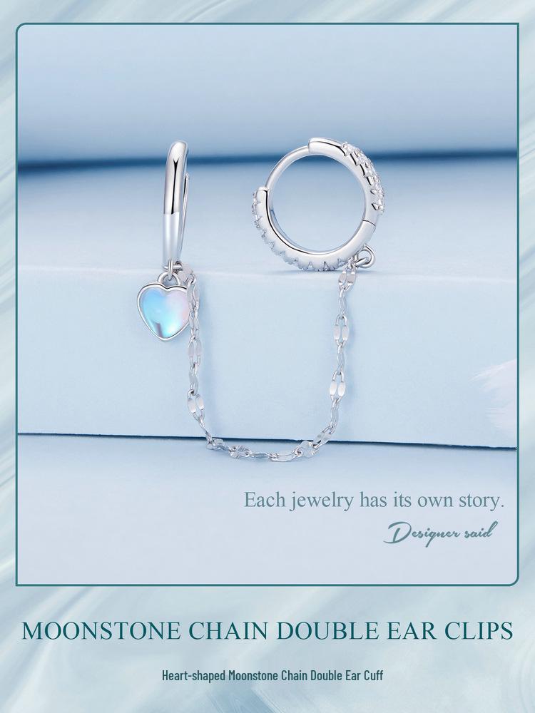 Avle Sterling Silver S925 Heart-Shaped Moonstone Chain Double Ear Cuff Earrings BSE809
