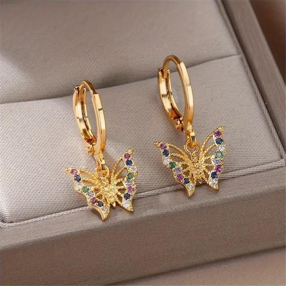 Luxury Female Rainbow Zircon Stone Butterfly Hoop Earrings Vintage Fashion Gold Color Wedding For Women