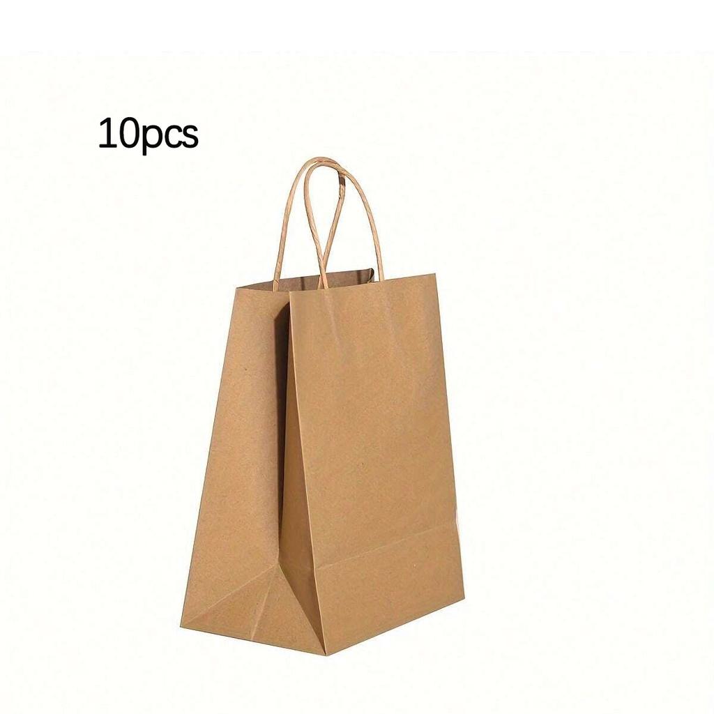 10pcs - khaki kraft paper bag with handle, durable and reusable - perfect for weddings and parties, suitable for storage
