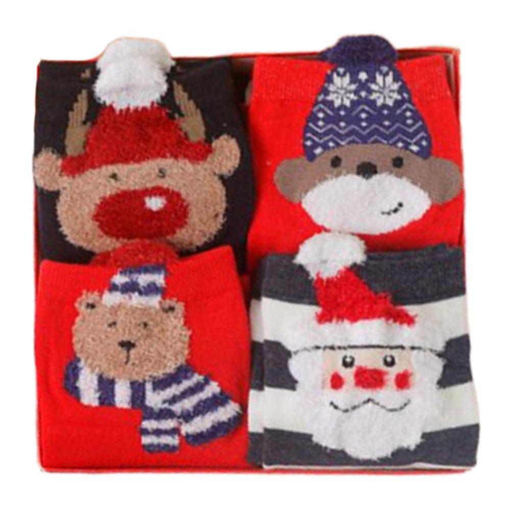 4 Pairs Womens Christmas Socks with Gift Box Elk Happy Funny Plush Socks Elk Christmas Socks for Family Gifts