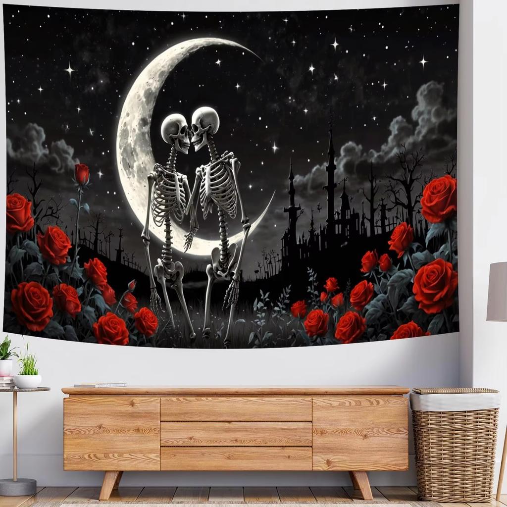 Black White Gothic Skull Tapestry, Romantic Constellation Skeleton Psychedelic Floral Art For Bedroom Headboard Living Room