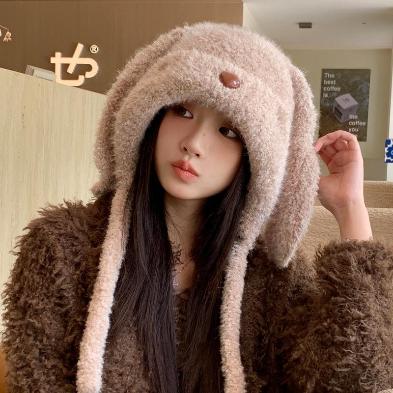 Winter Hat Female Long-eared Rabbit Velvet Thermal Hat Ear Protector Cute Fashionable Versatile Knitted Fluffy Hat
