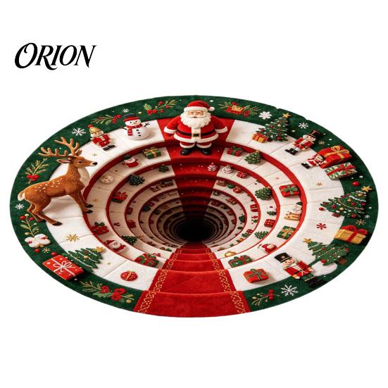 3D Optical Illusion Floor Mats Christmas Round Area Rug, Visual Trap Mat with Santa Elk Print, Unique Seasonal Gift Rugs Non-Slip Stain Resistant