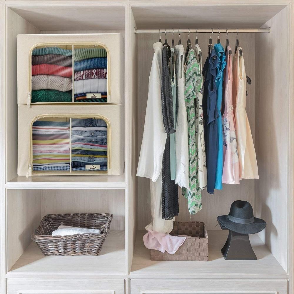 Stackable Foldable Storage Bins with Dividers Clear Window Dual Zipper Handles Clothing Linens Organizing Seasonal Wear