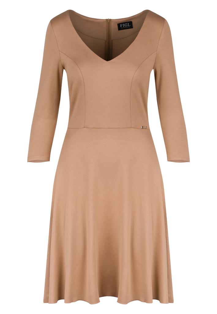Beige elegant dress with a V-neck, 3/4 sleeves and a flared skirt - M709 size