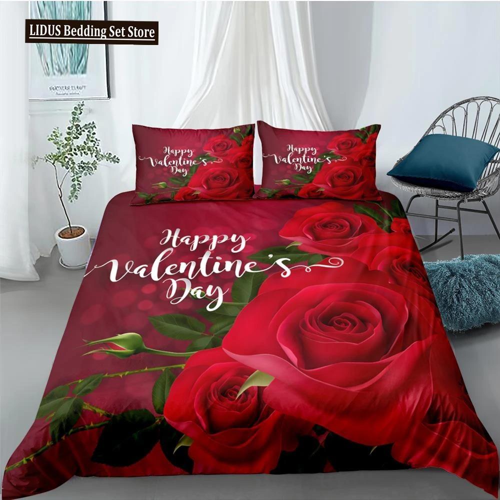 Rose Duvet Cover Collection Red And White Rose Bedding Collection For Lover Couple Polyester Comforter Cover ValentineS Day Gift King Size