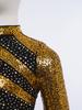 Kids Girls Dance Costume Two-Piece Set Mock Neck Long-Sleeved Sequins Cutout Back Press Button Crop Top with Flowing Chiffon Overlay Wide-Leg Side Sli