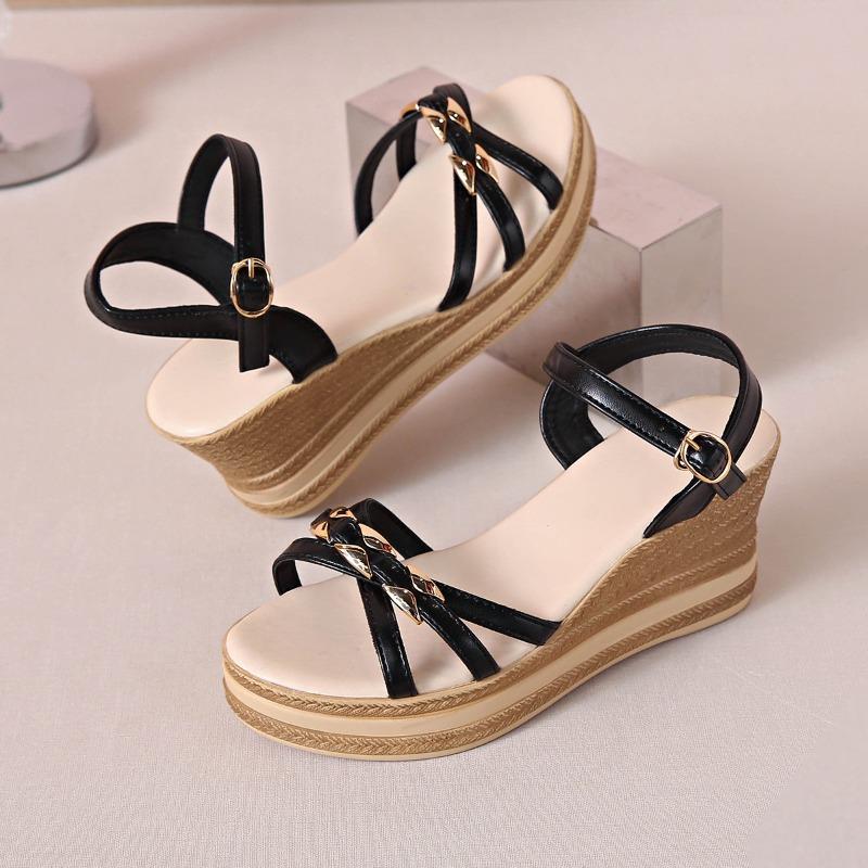 Wedge Sandals Women's Fashion Round Toe Metal Buckle Cross Slim Strap Platform Non-Slip High Heel Plus Size Shoes