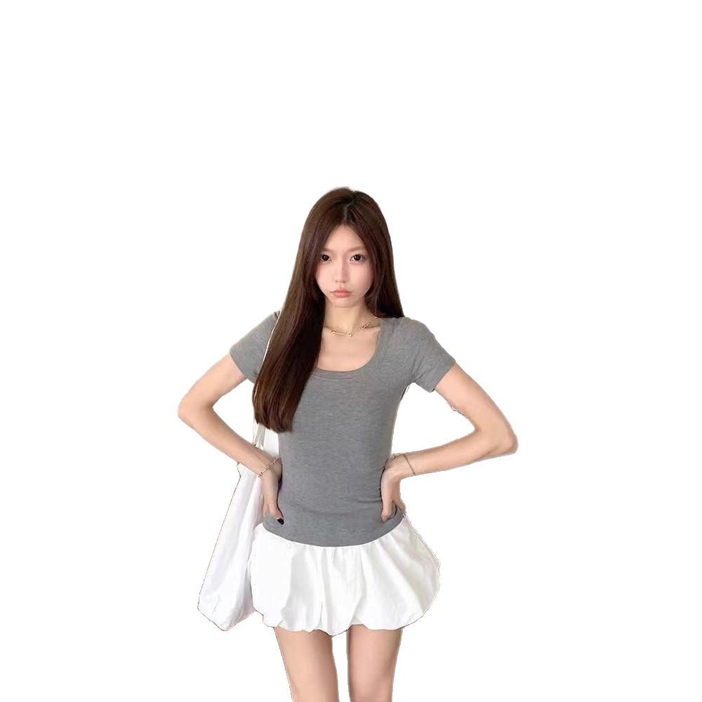 U-neck slim-fitting short-sleeved women's summer new Spice Girl short pure lust and thin student top