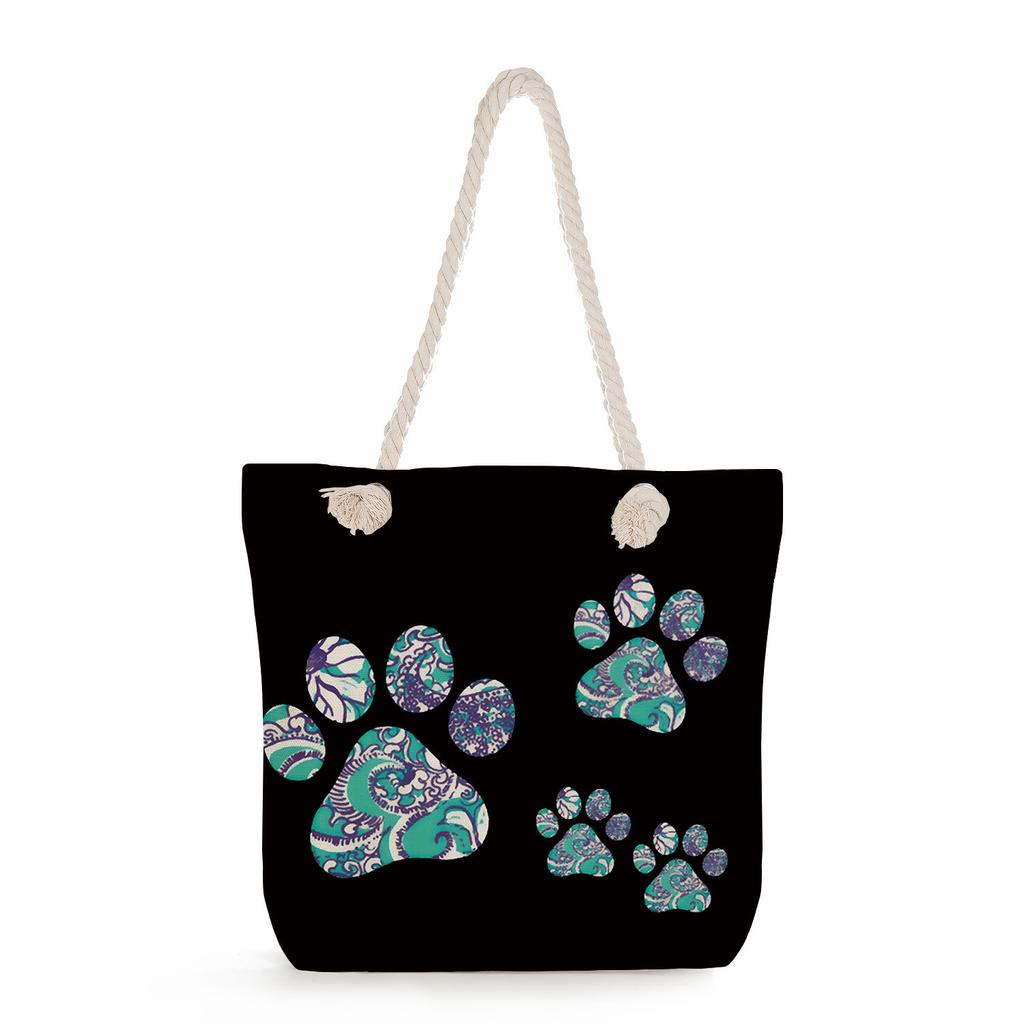 Dog paw print thick rope single-shoulder beach bag 7234 CLE