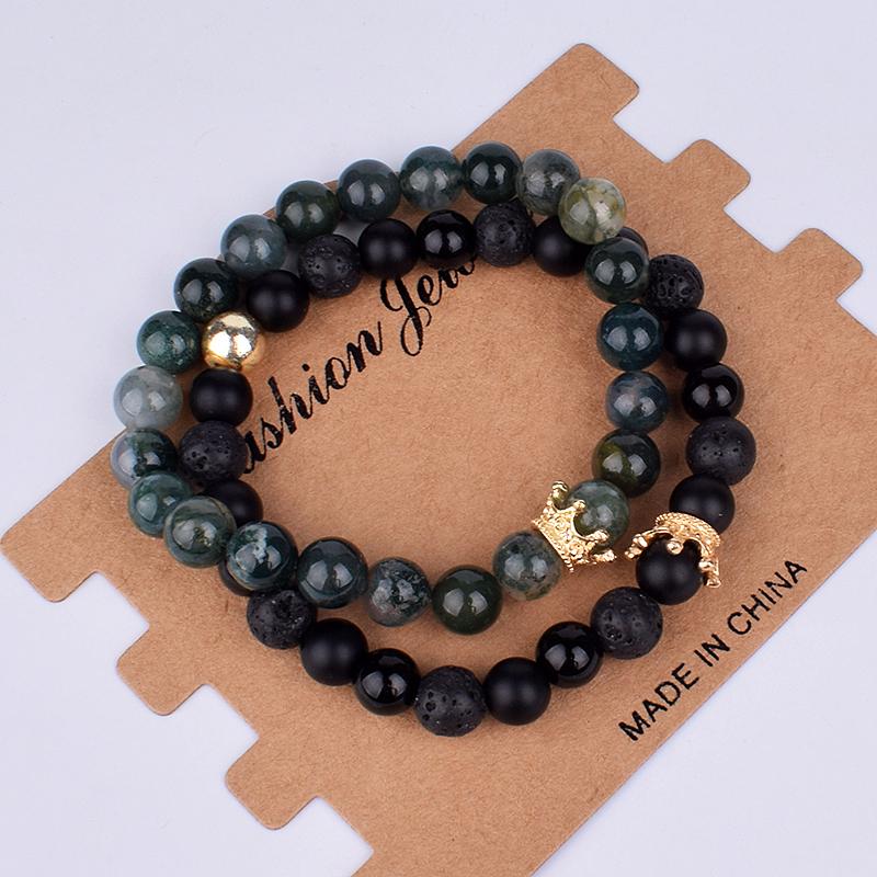 2pcs Charm Paired Bracelets Men Sets Crown Women's Bracelets Natural Stone Beads Wristband Couple Bracelet Gifts Friends Jewelry