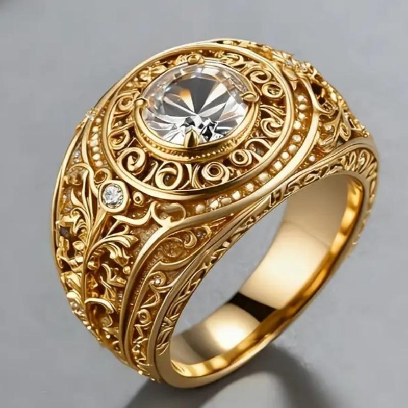 Vintage Inlaid White CZ Women's Ring Ethnic Gold Color Hand Carving Daily Wear Party Jewelry Anniversary Gift