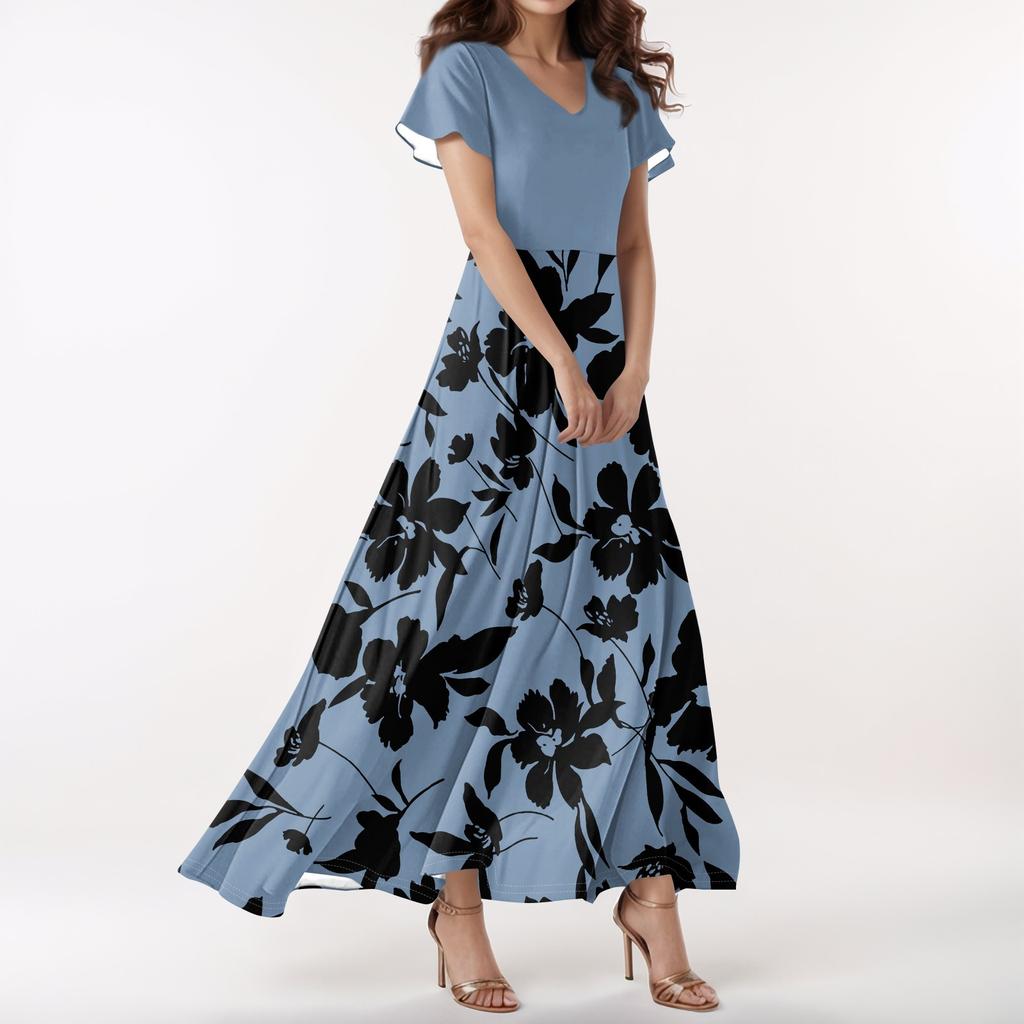 Women's Casual V-neck Short Sleeve High Waist Retro Flower Leaf Print Dress