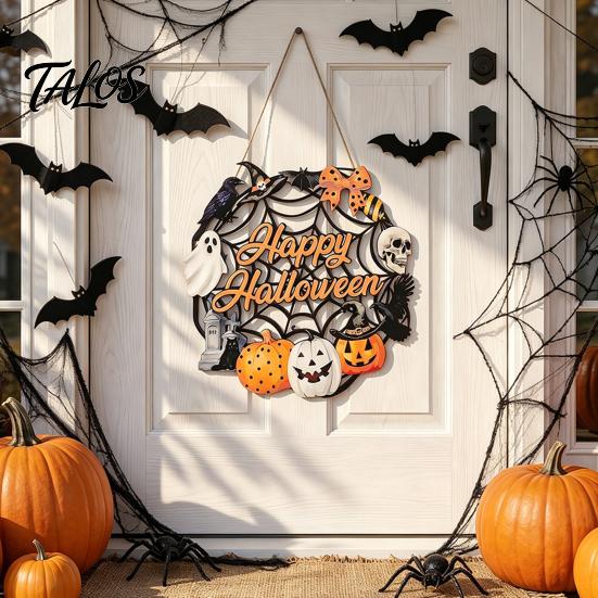 Spooky Party Decorations Black Cat Ghost Door Sign, Halloween Decorative Plaque, Wooden Hanging Plaque Vintage Rustic Decor with Jute Rope,