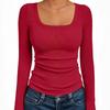 Top da Donna a Coste con Scollo Quadrato, Maglietta Base a Manica Lunga Slim Fit per Autunno Inverno Primavera, Crop Top Casual