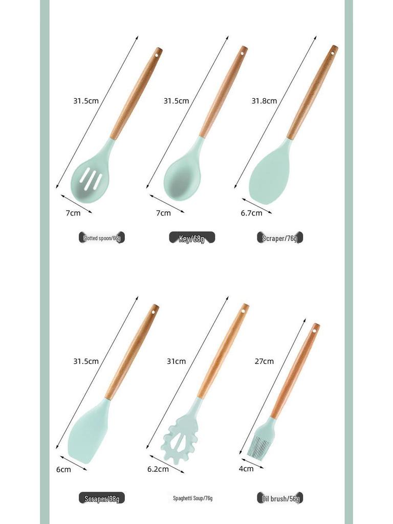 Sada kuchyňského náčiní: 12dílná žáruvzdorná silikonová sada s dřevěnými rukojeťmi a úložným kontejnerem