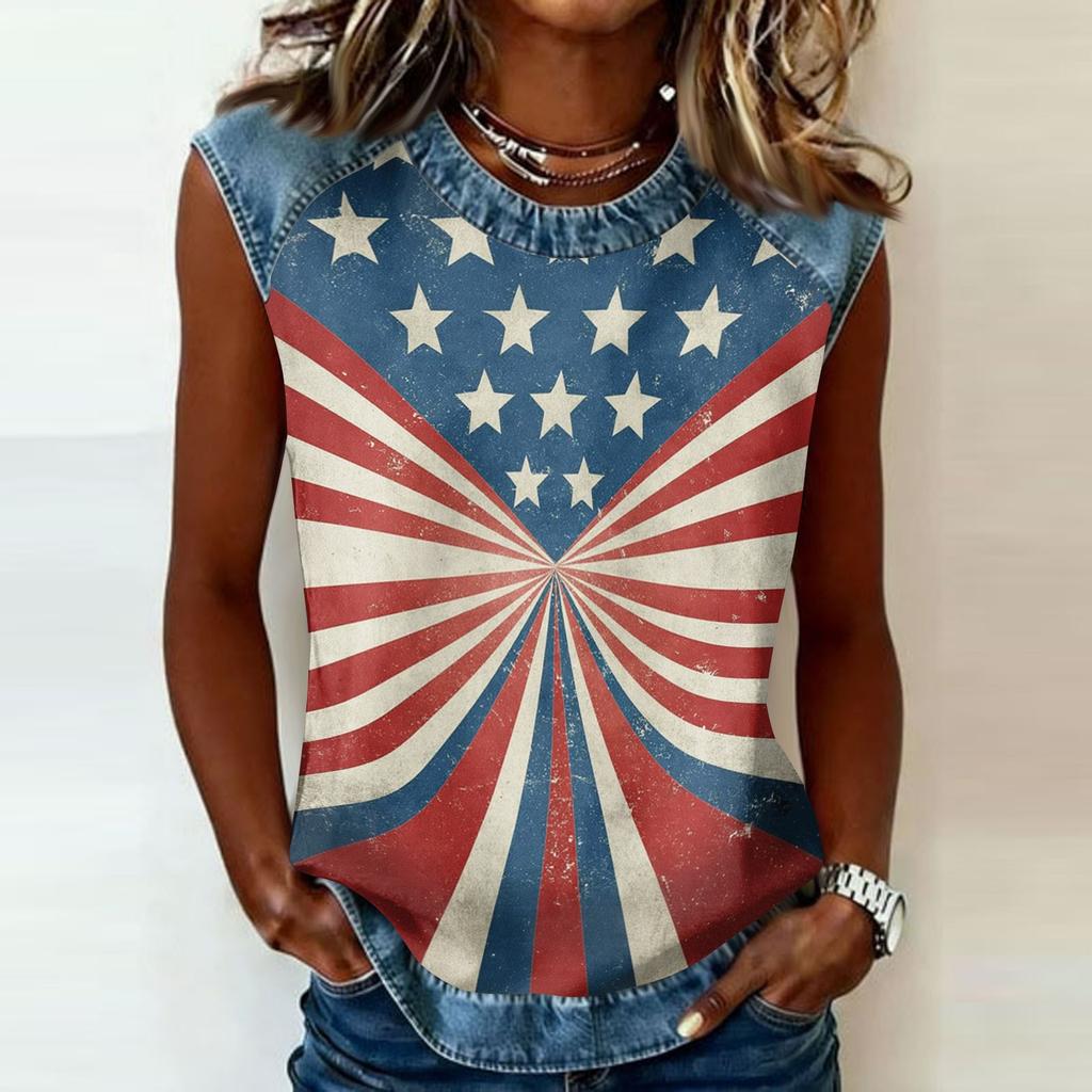 Women Sleeveless Pullover Tank Top Casual Round Neck Star Print Shirt Lightweight Summer Blouse Relaxed Fit