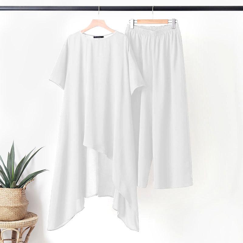 Plus Size Women's Cotton And Linen 2-piece Suit Casual Wear Sportswear Suit Short-sleeved O-neck Top Trousers