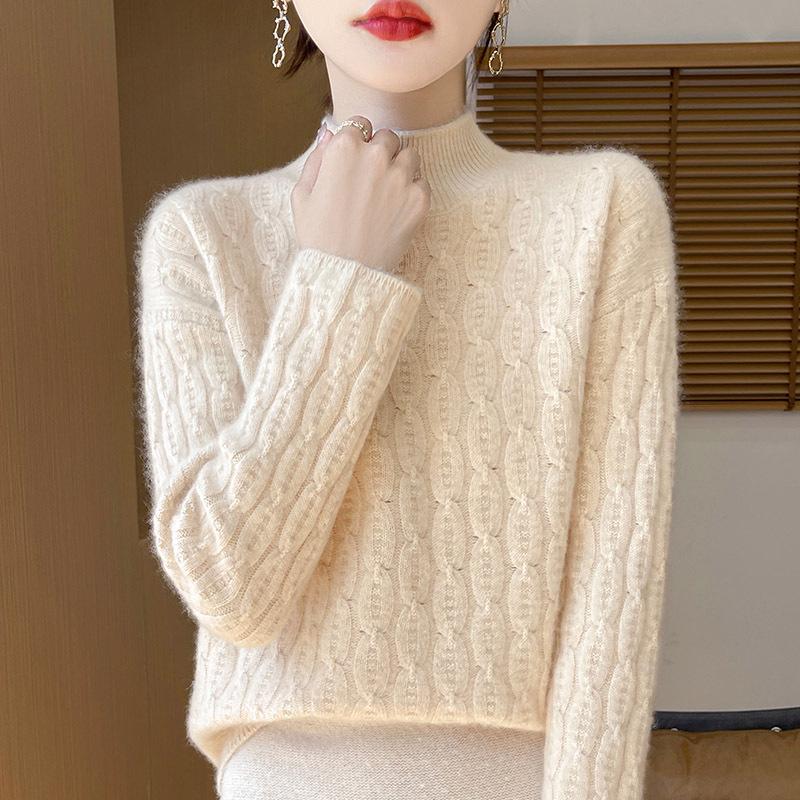 

2025 Осень/Зима Корейский стиль Ретро Свободный Кашемировый свитер крупной вязки с полувысоким воротником - Подчеркивающий фигуру и теплый XL бежевый