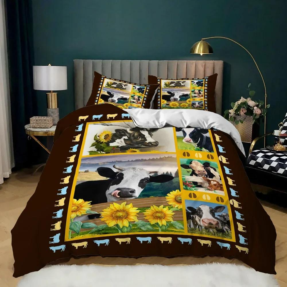 Sunflower Cow Bedding Set Kids Yellow Floral Cattle Duvet Cover King/Queen Size for Girls Teens,Western Bull Decor Quilt Cover
