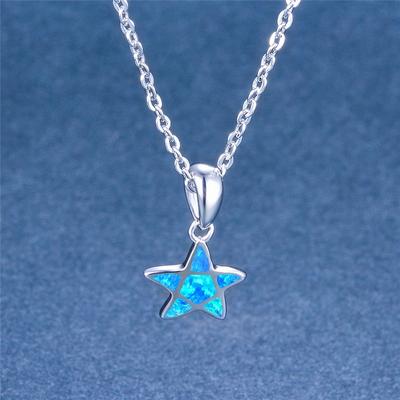 Adorable Five Pointed Star Pendant White Blue Opal Necklaces Women Tone Birthstone Boho Jewelry Stylish Fashionable Pentagram NecklaceCute