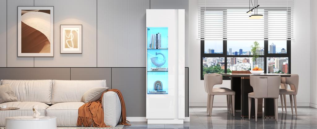 Armadio 60*40*180cm, Vetrina con Porta in Acrilico, Armadio di Stoccaggio Lucido con Illuminazione LED, 3 Ripiani in Vetro, Bianco