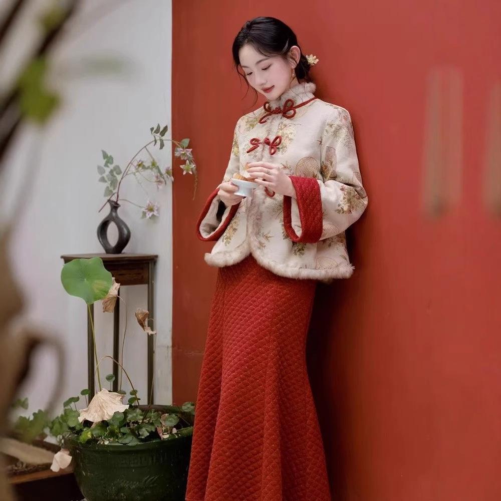 2025 New Year National Style Women's Skirt Set: High-End Autumn/Winter Cheongsam Outfit