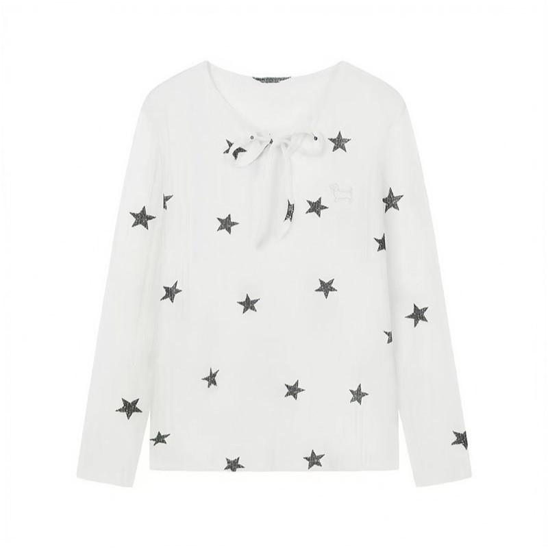 Star Print Lace-up Loose Sunscreen Blouse Women's Long-sleeved Summer New Korean Casual Style Commuter T-shirt Top