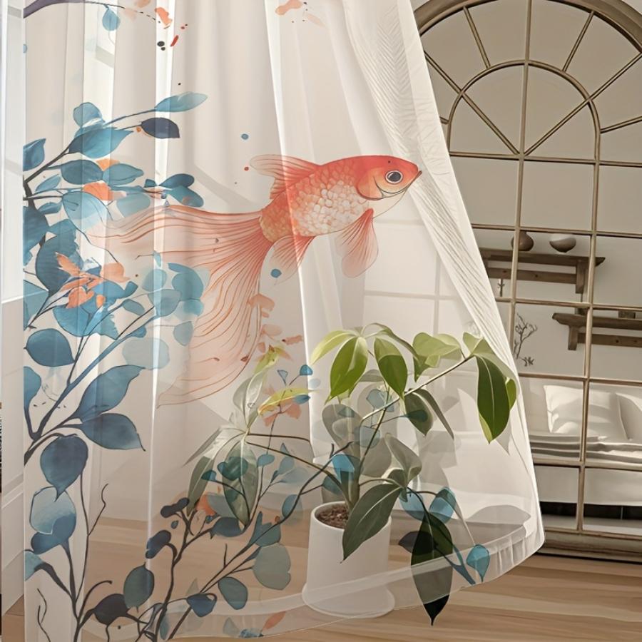 2PCS Digital Printed Sheer Curtain, Green Branch Koi Fish, Oriental Watercolor Zen Garden for Living Room Bedroom Home Decor