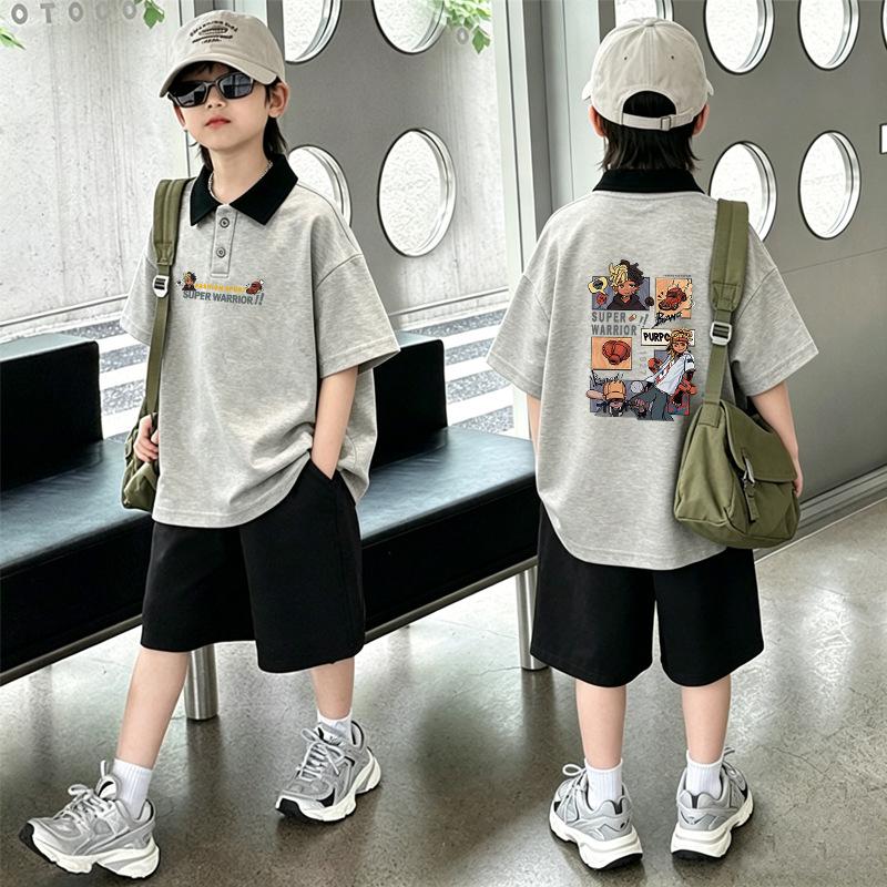 Boys' Cotton Lapel Short-Sleeve T-shirt Set: Stylish Color Block POLO Two-Piece for Summer – Medium & Large Sizes