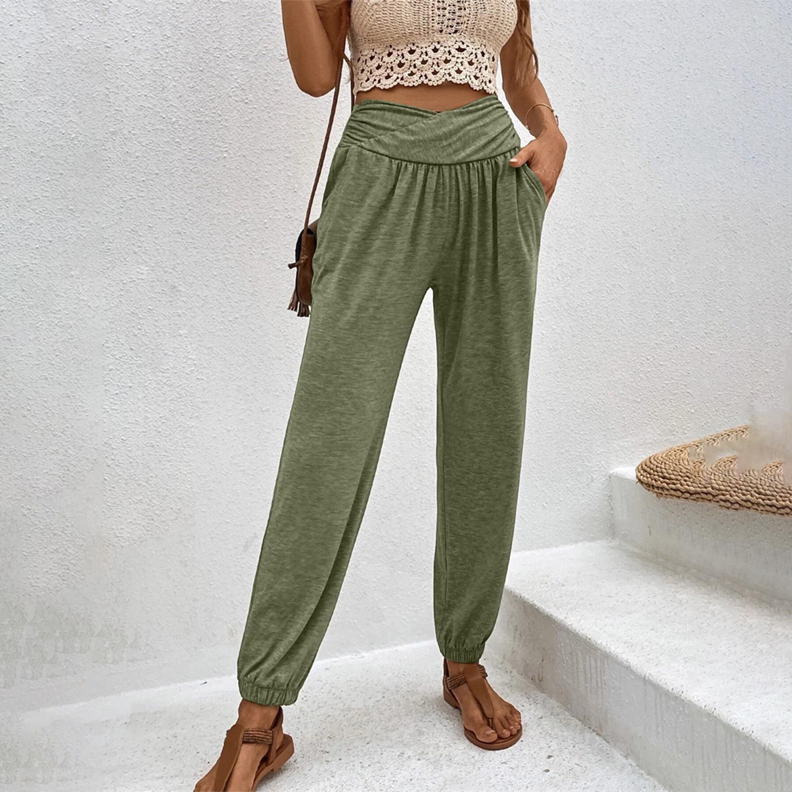 

Ladies Color Temperament, Casual, Loose Fit, High Waisted, Leg Tied Pants L армия зеленый