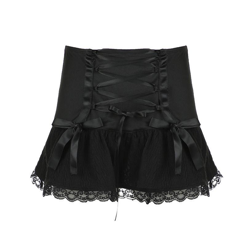 

Fashion Dark Girl Style Lace-up Pleated Skirt Bow Black S