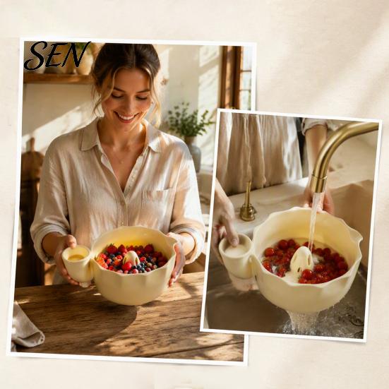 Beeren-Sieb für frische Obstschale mit Abflussloch, selbstspülende Keramikschale, dekoratives Sieb zum Abtropfen von Gemüse, zum Waschen und Servieren, Küche