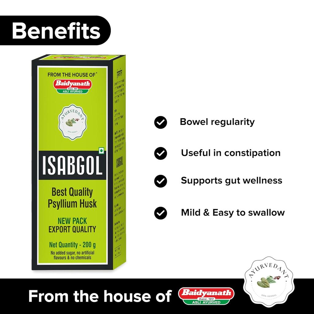 Baidyanath Ayurvedant Isabgol Psyllium Husk Powder 200 Gm Pack of 1 High-Fiber Supplement for Smooth Digestion