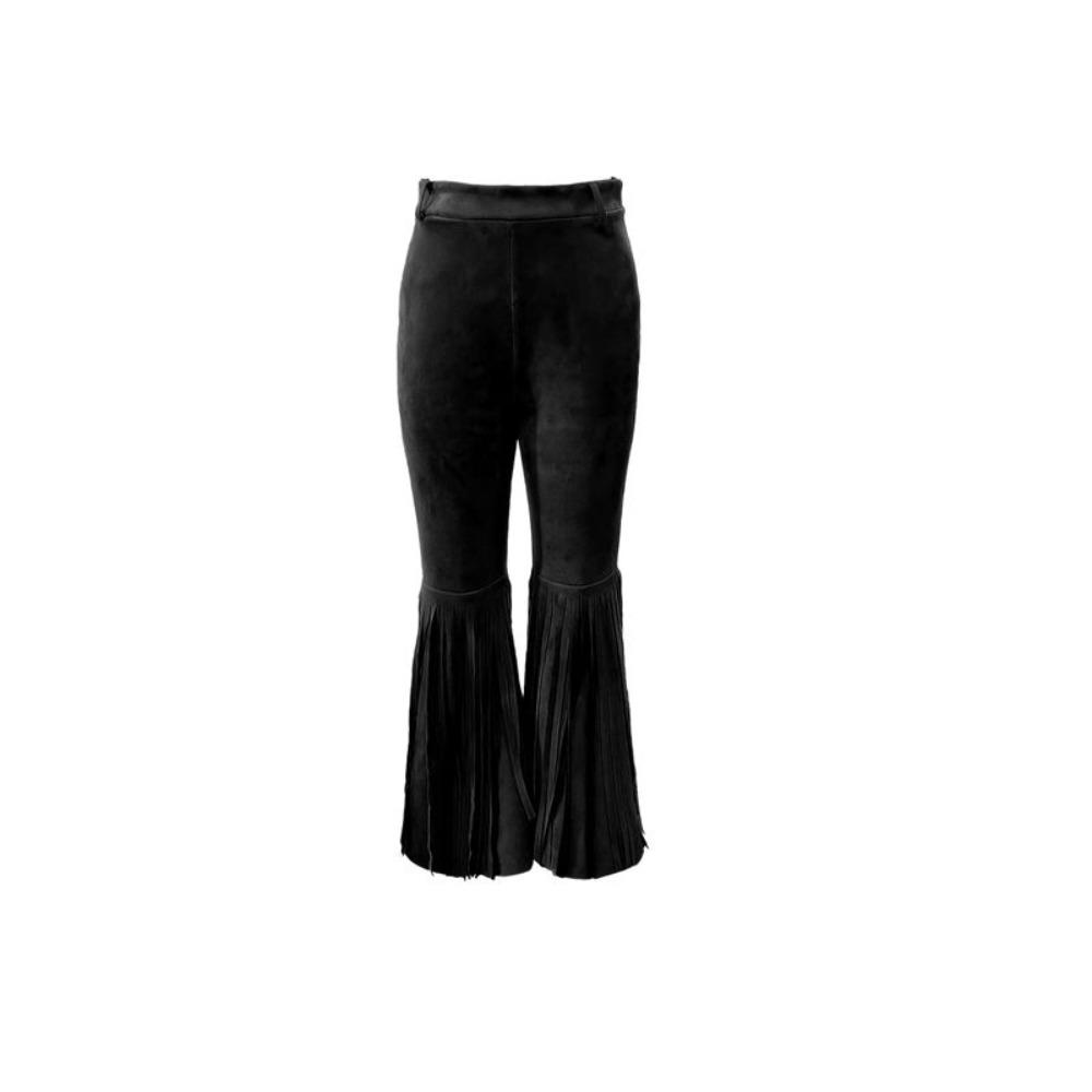 

Fringe Hem Suede Tassel Pants Splicing Design Slim Fit Flare Pants Retro High Waist Trousers Women L