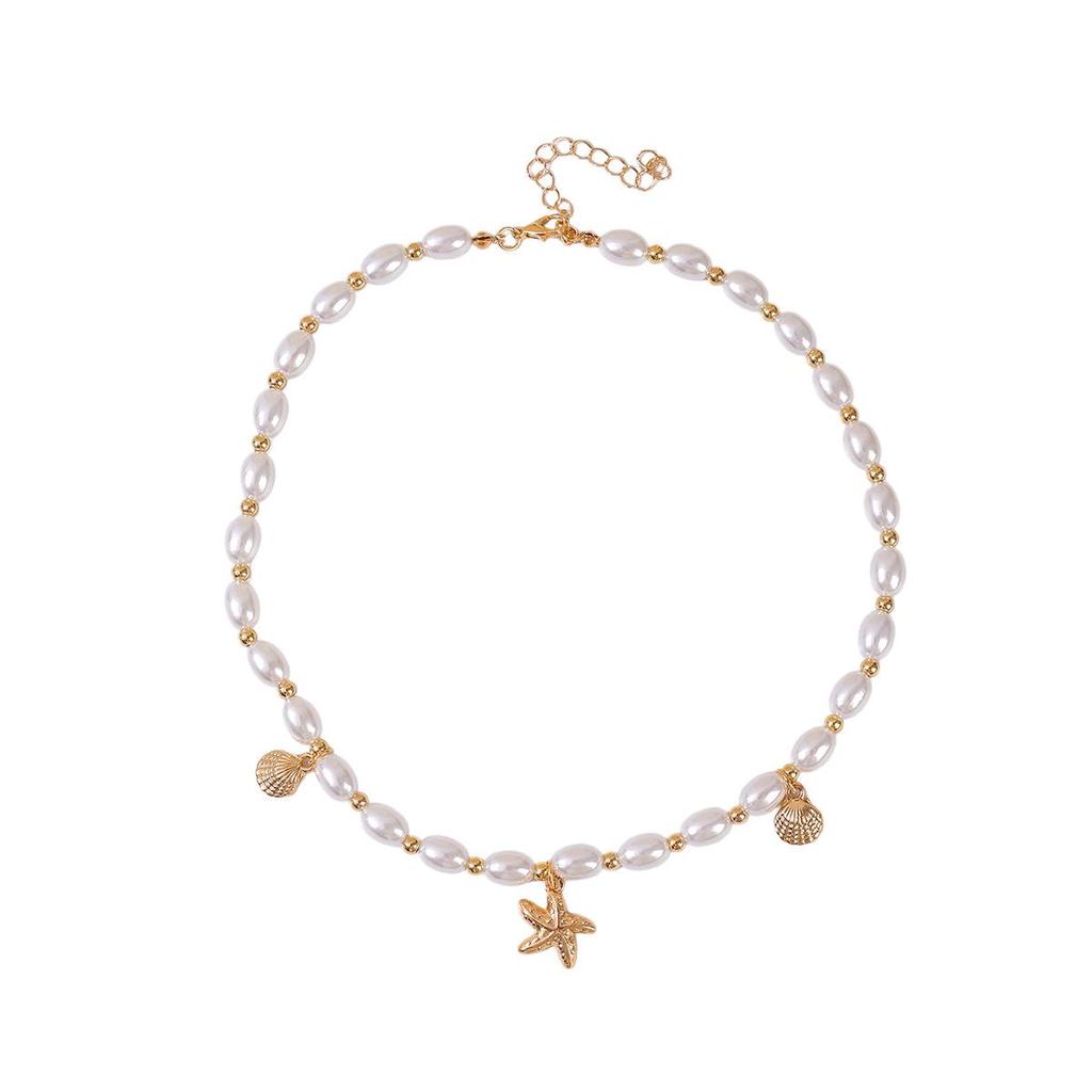 Boho Starfish Shell & Faux Pearl Necklace - Beach Vacation Style Clavicle Chain