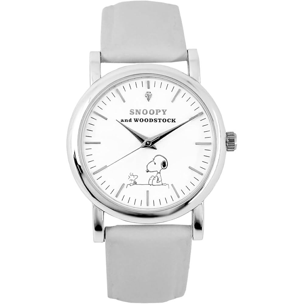 Famillelle Snoopy Watch Natural Diamond Genuine Leather Strap Unisex Ash Gray