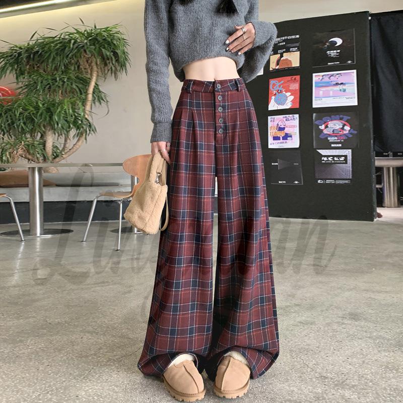 Zhao Lusi Style Retro Plaid Wool Wide-Leg Pants - Women s Loose, Button-Up, Floor-Length Casual Trousers Small