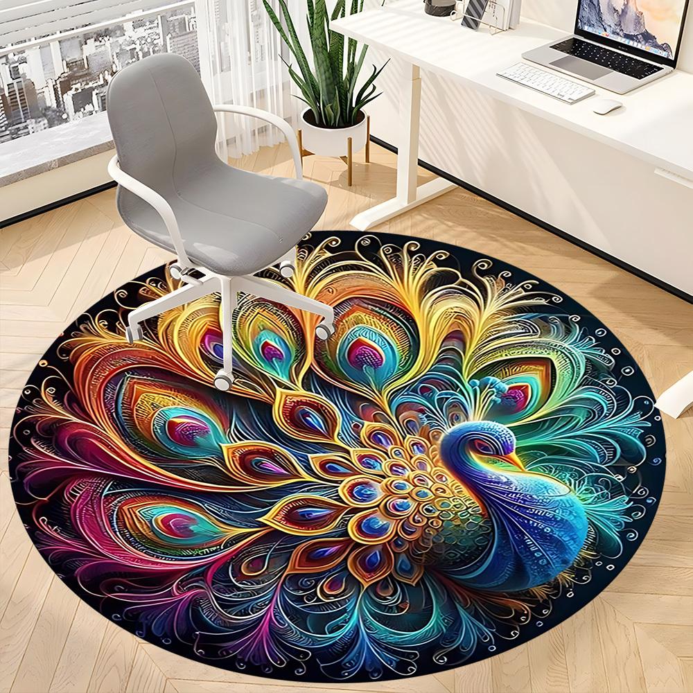 1PC Peacock Feather Mandala Office Round Rug, Non slip, Soft and Durable Office Rug for Interior Decoration, Perfect for Office
