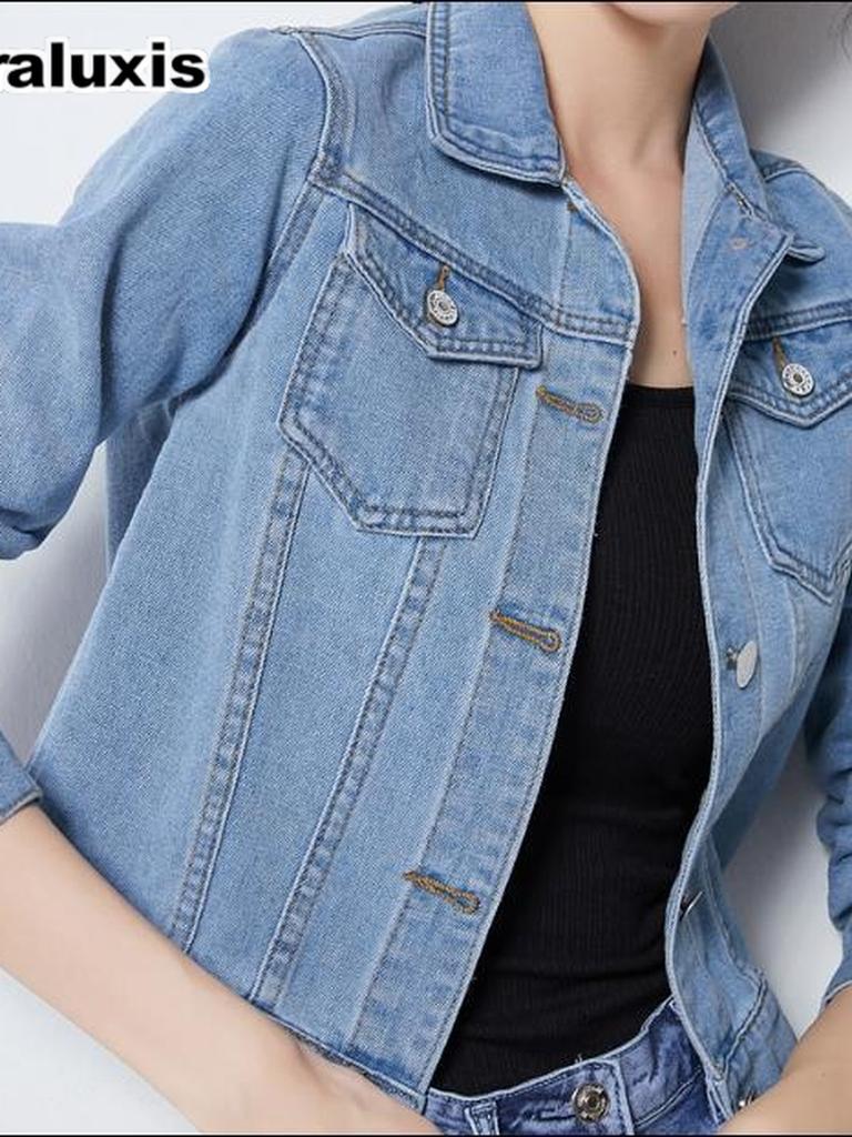 Blue Short Denim Jacket Women's Spring Autumn Long Sleeve Shirt