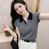 Summer New Color-matching POLO Collar Thin Short-sleeved Knitted Top for Women, Slimming and Fashionable, Versatile, with A V-neck Design. T-shirt