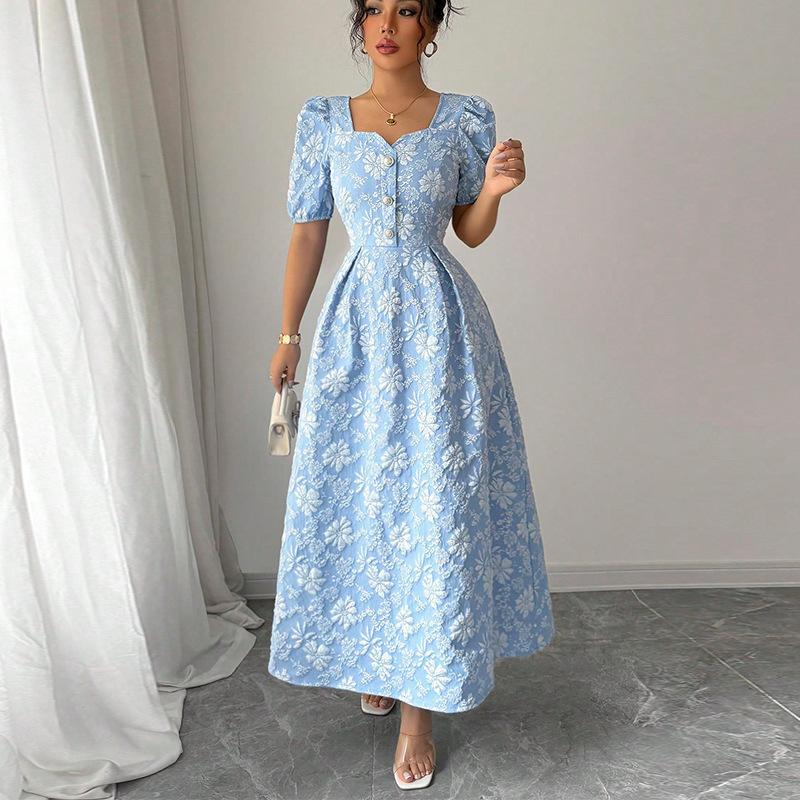 Women s Square Neck Floral Print Puff Sleeve Button Front Midi Dress S