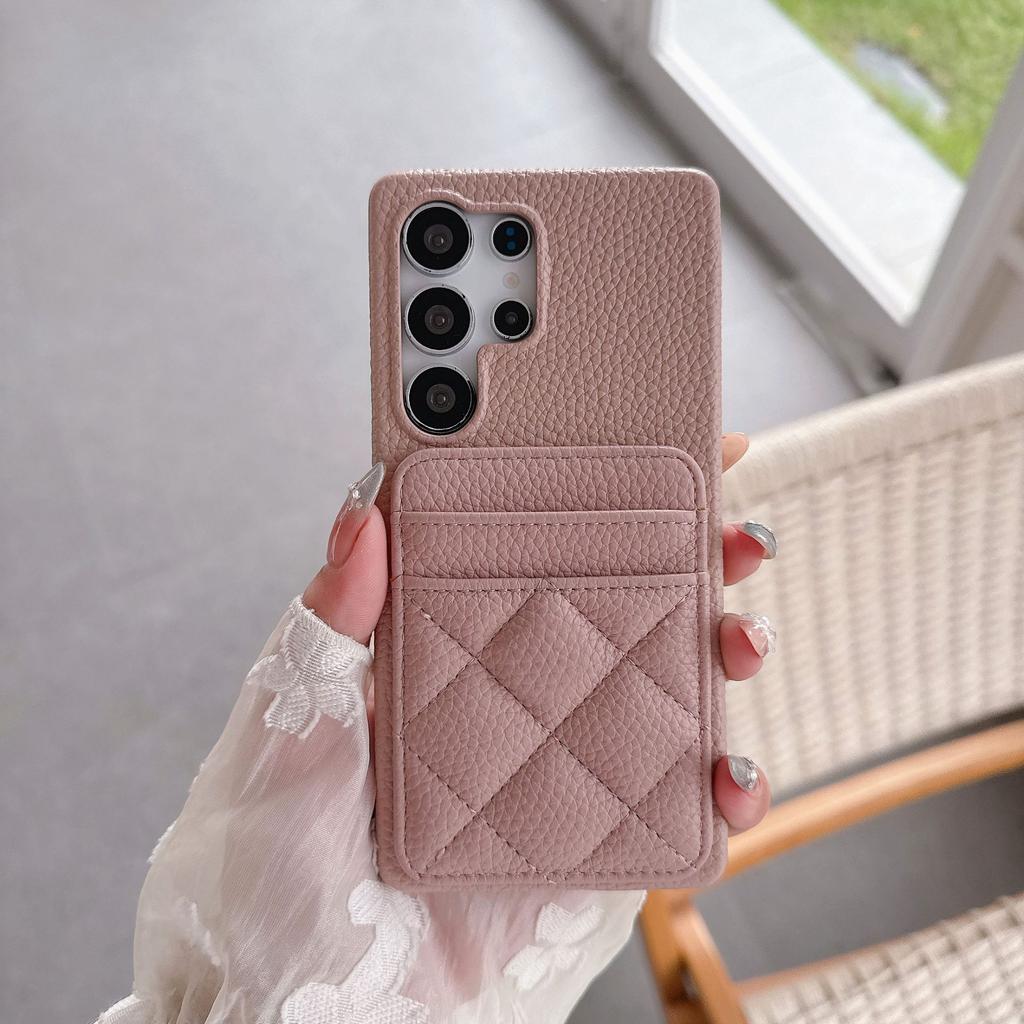 Half Pack Lambskin Leather Mobile Phone Case for Samsung S25 Plus Small Fragrance Rhombus S22 S23 S24 Ultra Hard Shell Card Bag