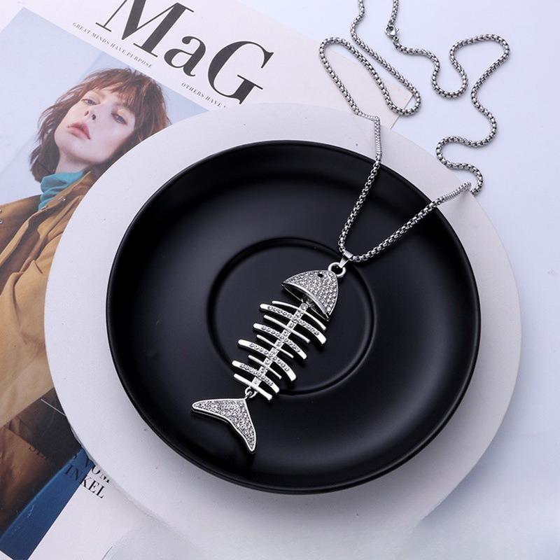 Silver Fish and Bone Necklace with Diamonds, Versatile and Simple Long Coat Chain for Men