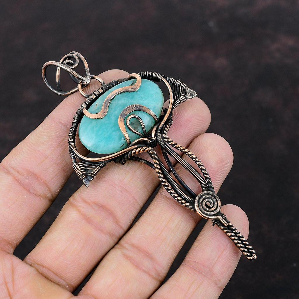 Amazonite Pendant Copper Wire Wrapped Gemstone Pendant Real Amazonite Jewelry Ethnic Style Pendant Handmade Copper Jewelry Anniversary Gift
