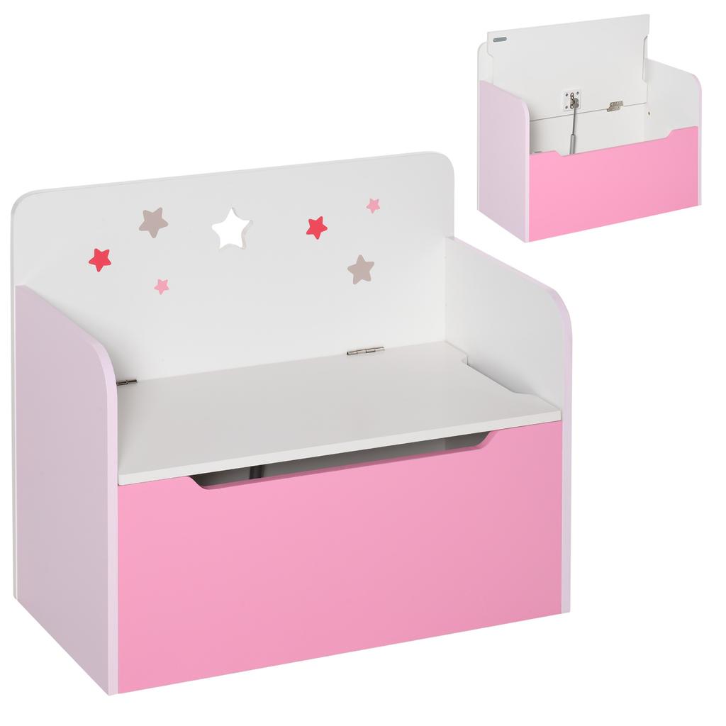 Storage Bench with Backrest in Wood for Children from 3-6 Years, 60x30x50 cm, Pink