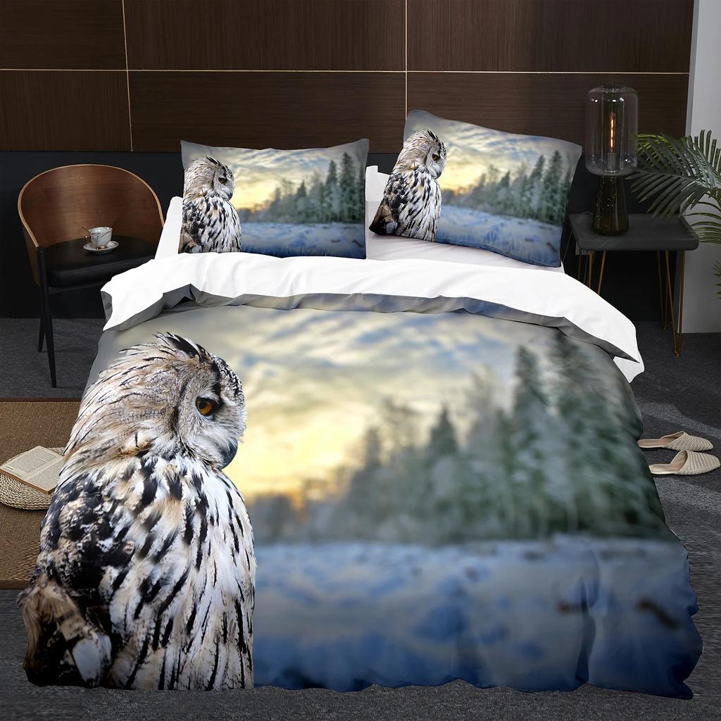 Owl Duvet Cover Set 3D Safari Wildlife Print Comforter Cover Bird Animal Personalized Nighthawk Queen Size Polyester Quilt Cover