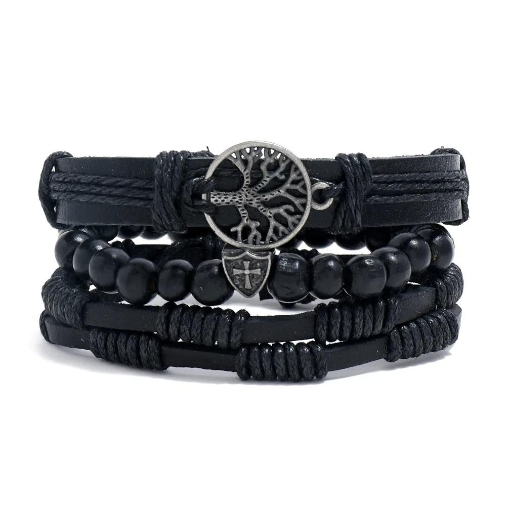 Braided Leather Bracelets for Men Vintage Life Tree Charm Wood Beads Ethnic Tribal Wristband Rope Bracelet Set