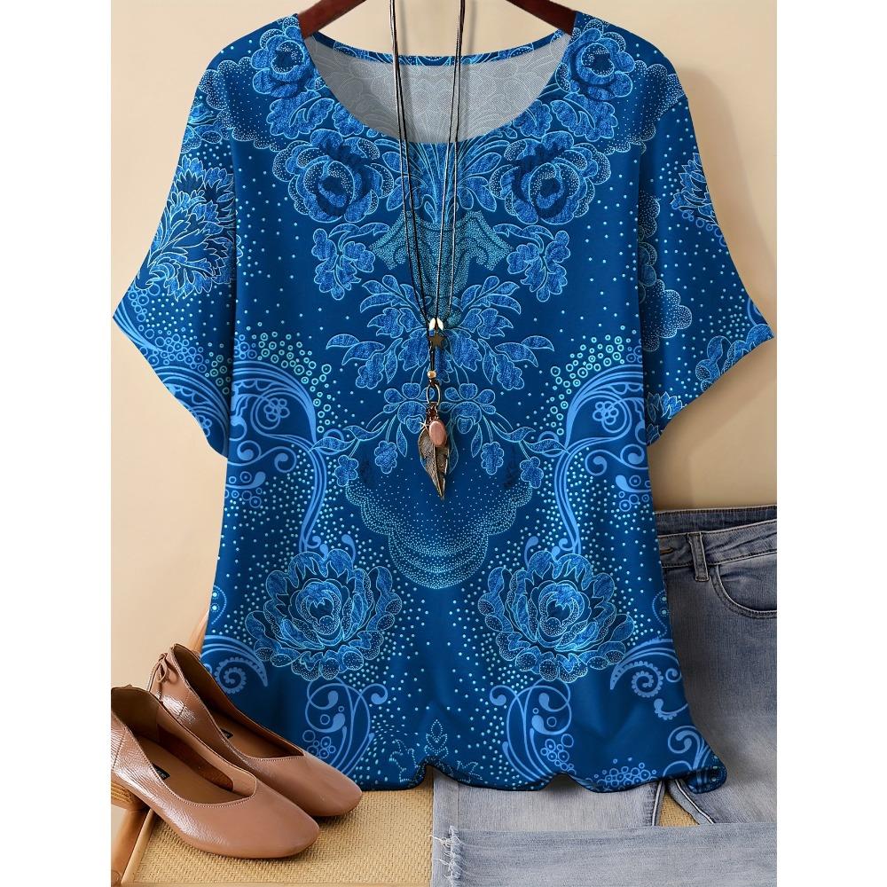 Summer Women Pattern Splicing 3D Printed Short Sleeved T-shirt Fashionable Comfortable Soft Breathable Large Loose Retro Style T-shirt